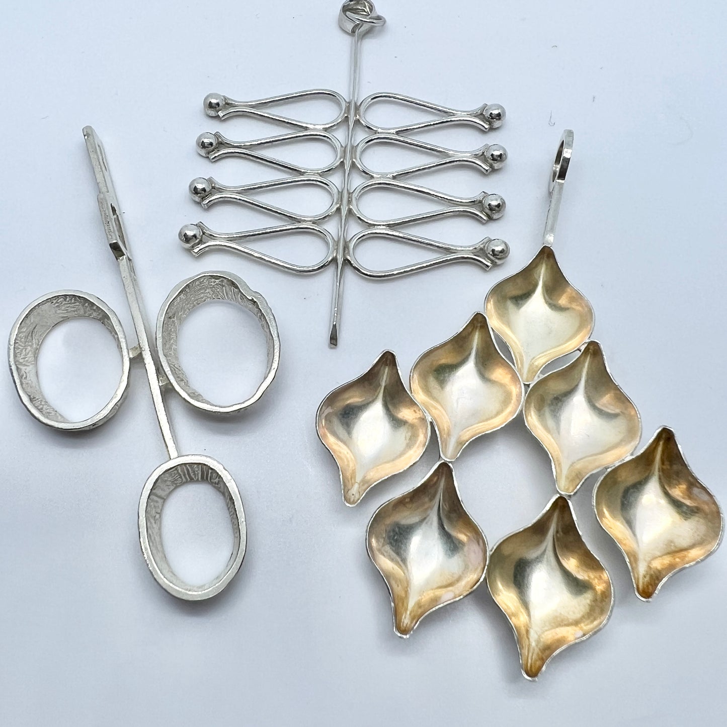 3 Large Vintage Modernist Scandinavian 1970s Solid Silver Pendants.