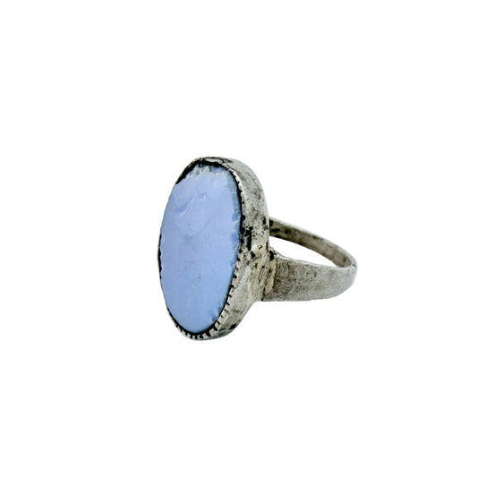 Antique 1700s or Earlier. Silver Blue Glass Signet Ring.
