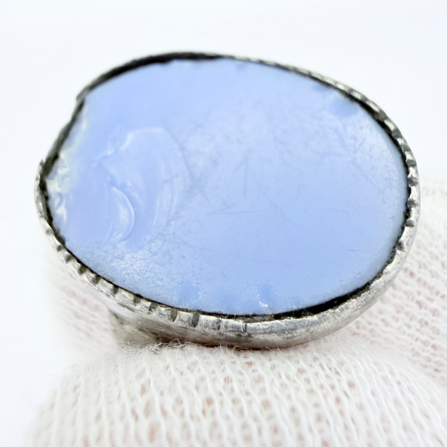 Antique 1700s or Earlier. Silver Blue Glass Signet Ring.