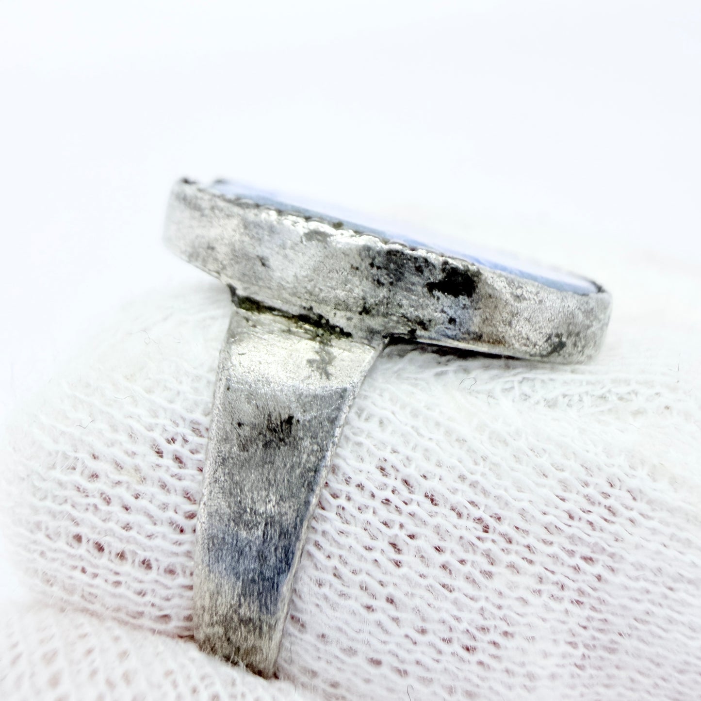 Antique 1700s or Earlier. Silver Blue Glass Signet Ring.