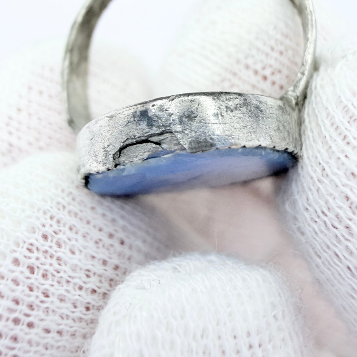 Antique 1700s or Earlier. Silver Blue Glass Signet Ring.
