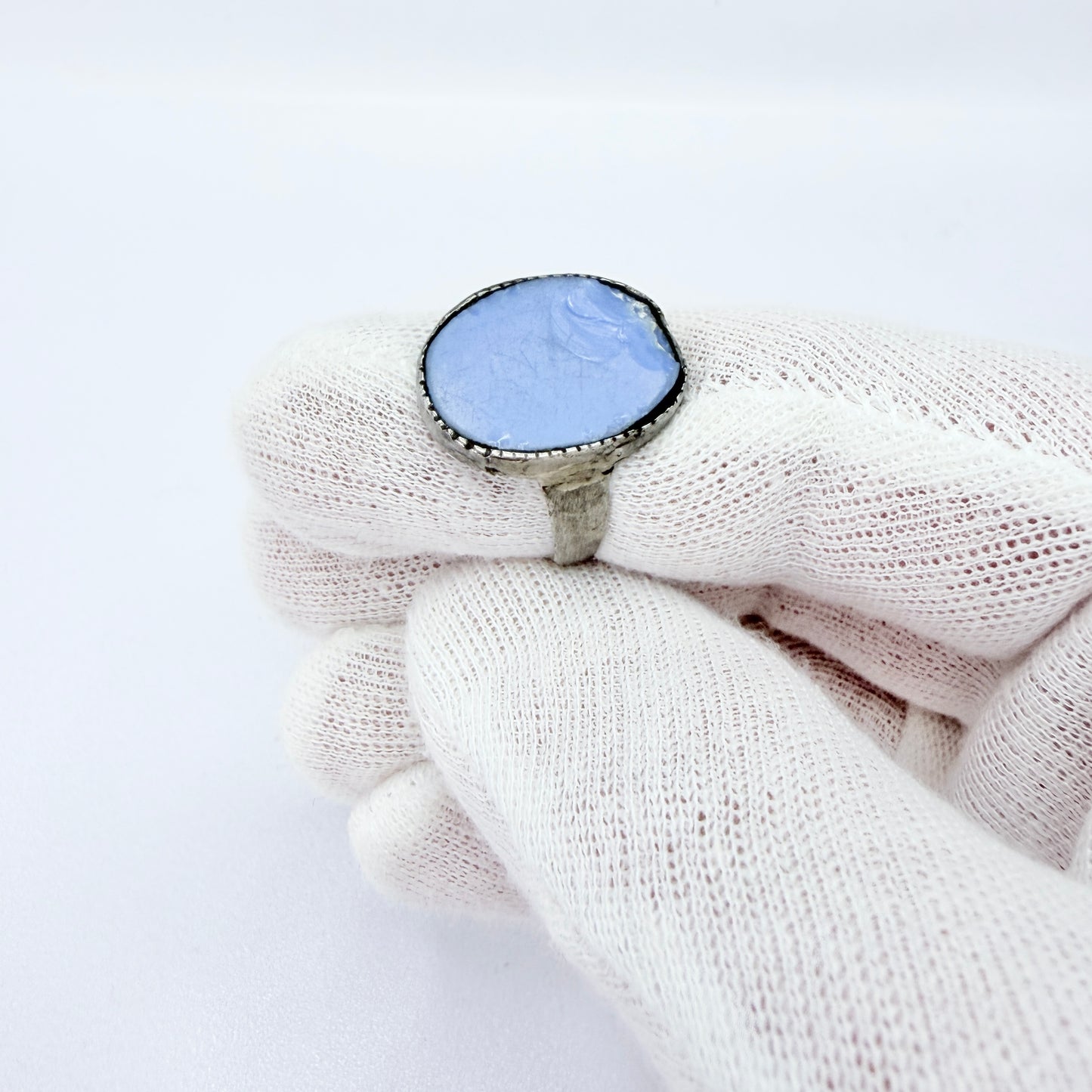 Antique 1700s or Earlier. Silver Blue Glass Signet Ring.