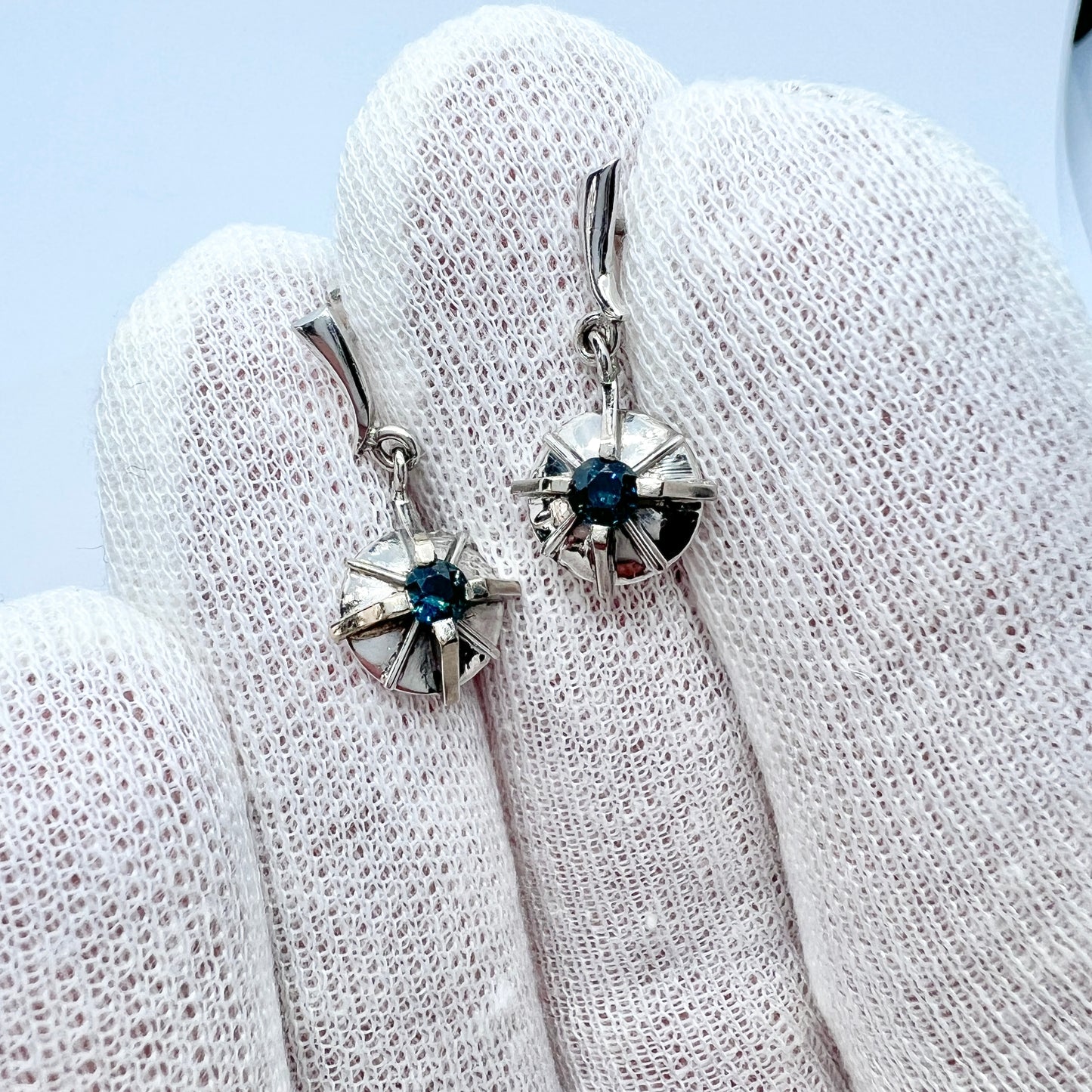 Vintage 1960s Space Age 18k Gold White Gold Sapphire Earrings.