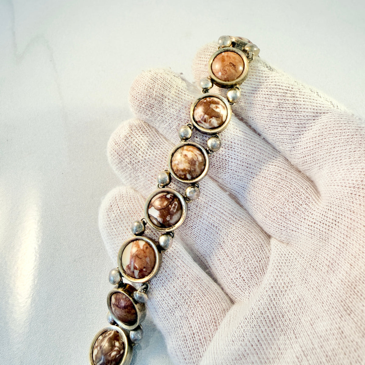 Sweden ca 1900. Antique Solid Silver Limestone Bracelet.