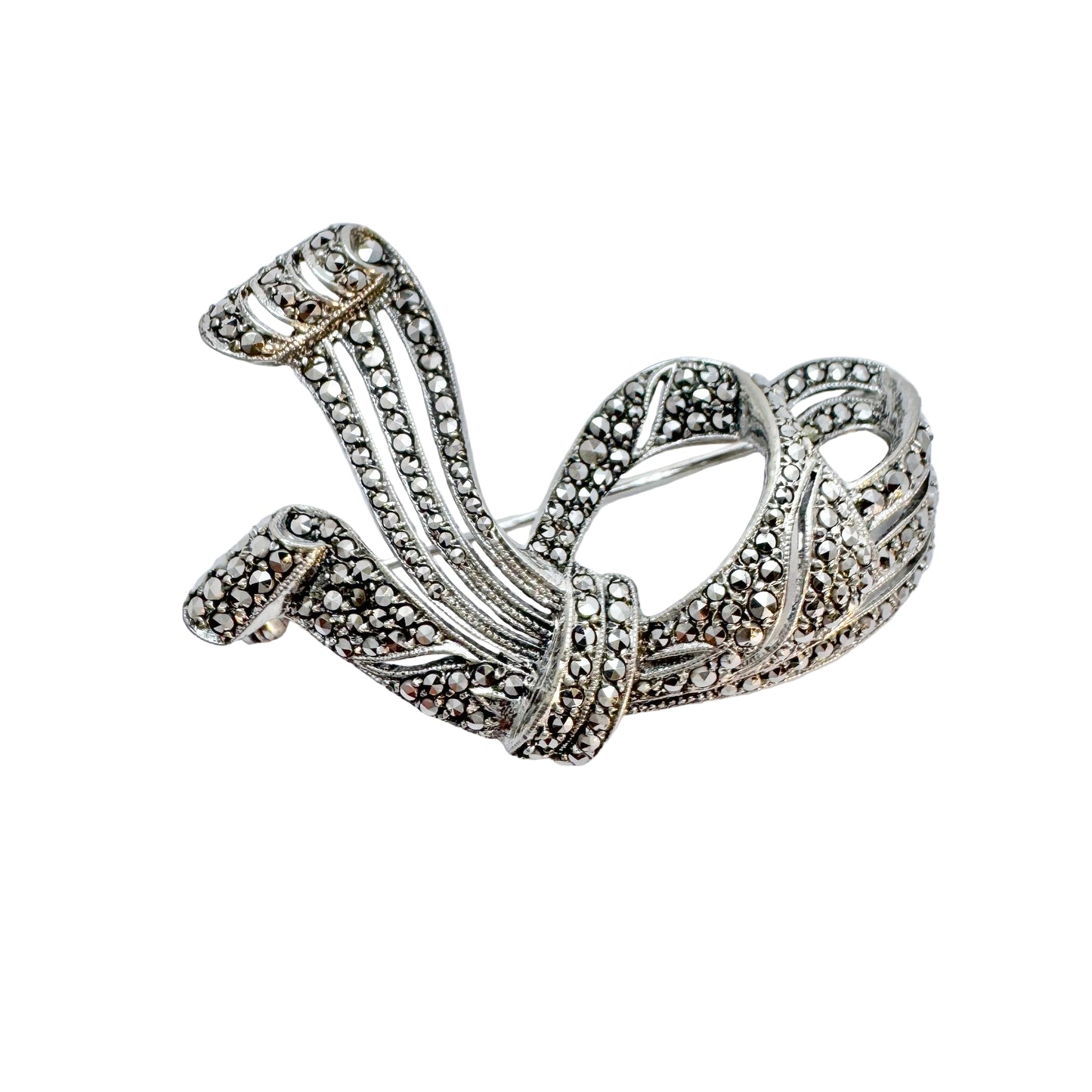 Sweden 1940s. Solid Silver Marcasite Ribbon Brooch.