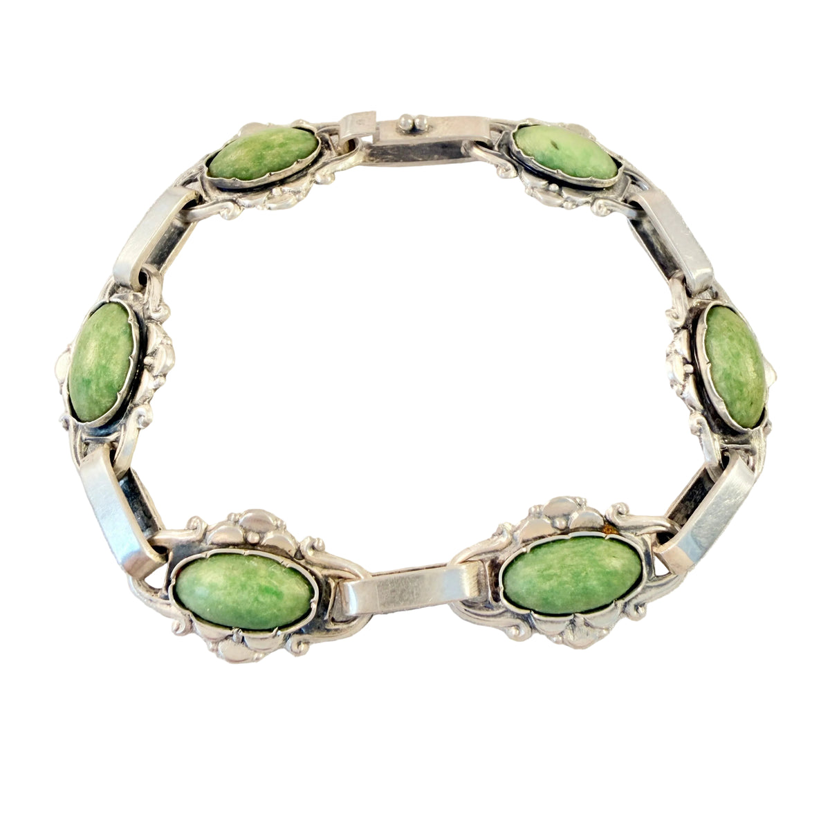 VIntage ca 1940s Solid Silver Green Calcite Bracelet. Possibly Denmark.
