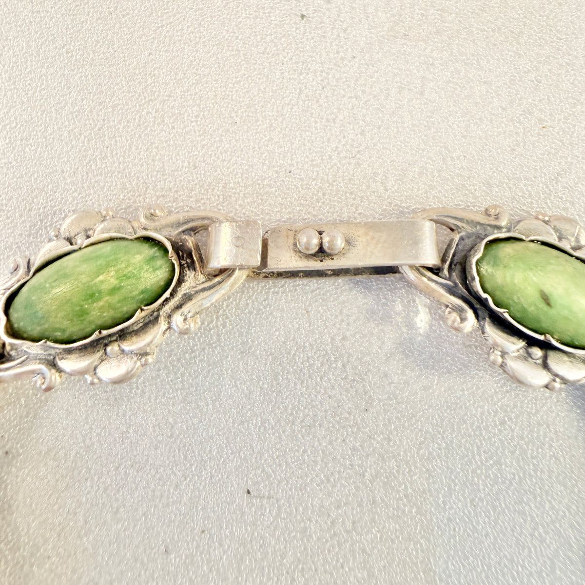 VIntage ca 1940s Solid Silver Green Calcite Bracelet. Possibly Denmark.