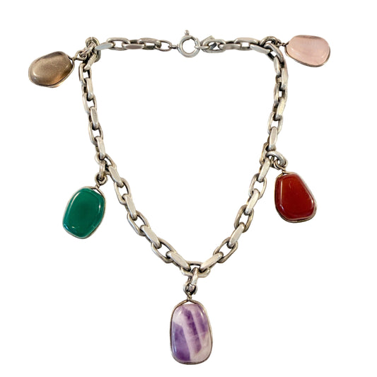 Vintage ca 1960s Solid Silver Multi Quartz Stone Bracelet.