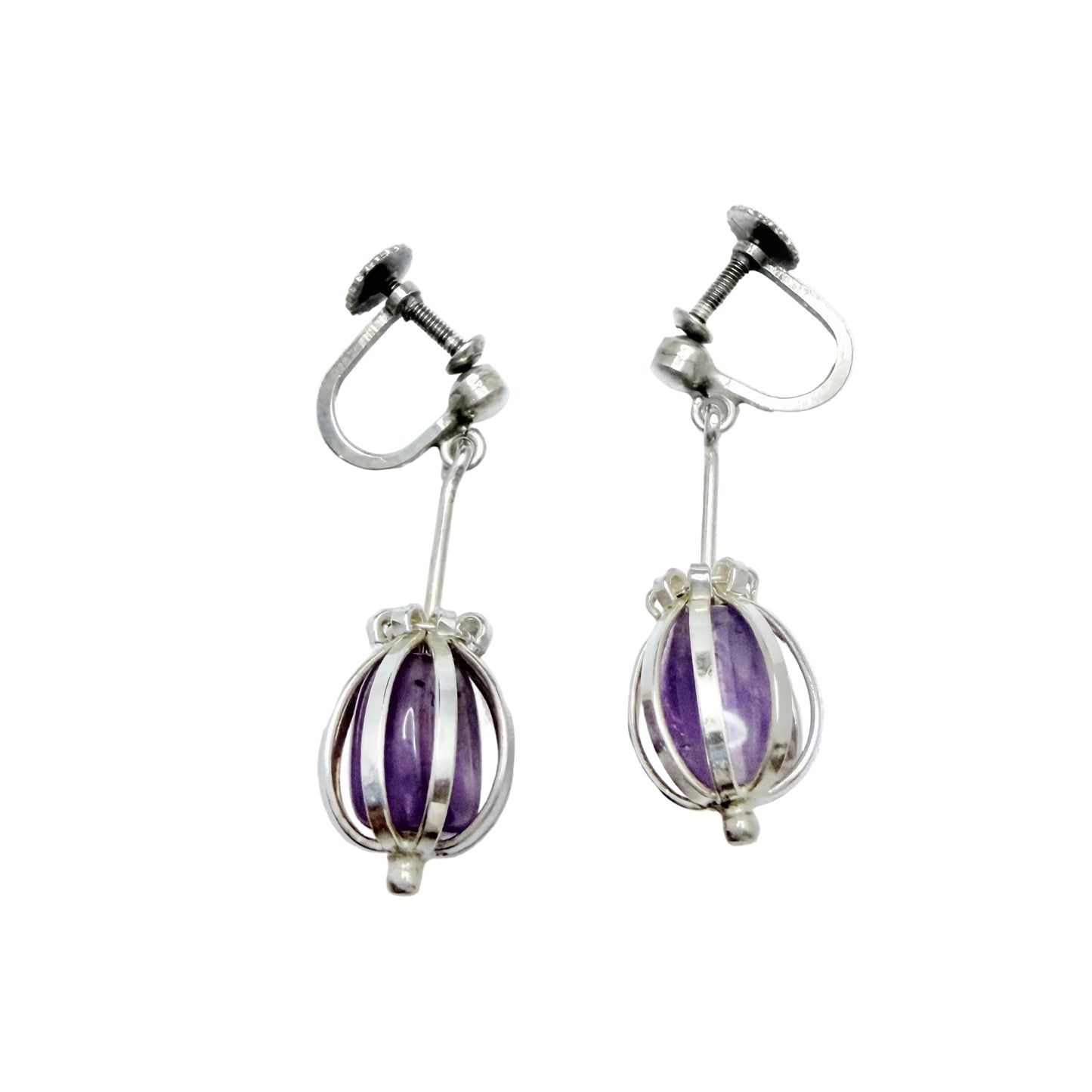 Arvo Saarela, Sweden 1957-58. Vintage Solid Silver Caged Amethyst Dangle Earrings.