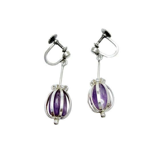 Arvo Saarela, Sweden 1957-58. Vintage Solid Silver Caged Amethyst Dangle Earrings.