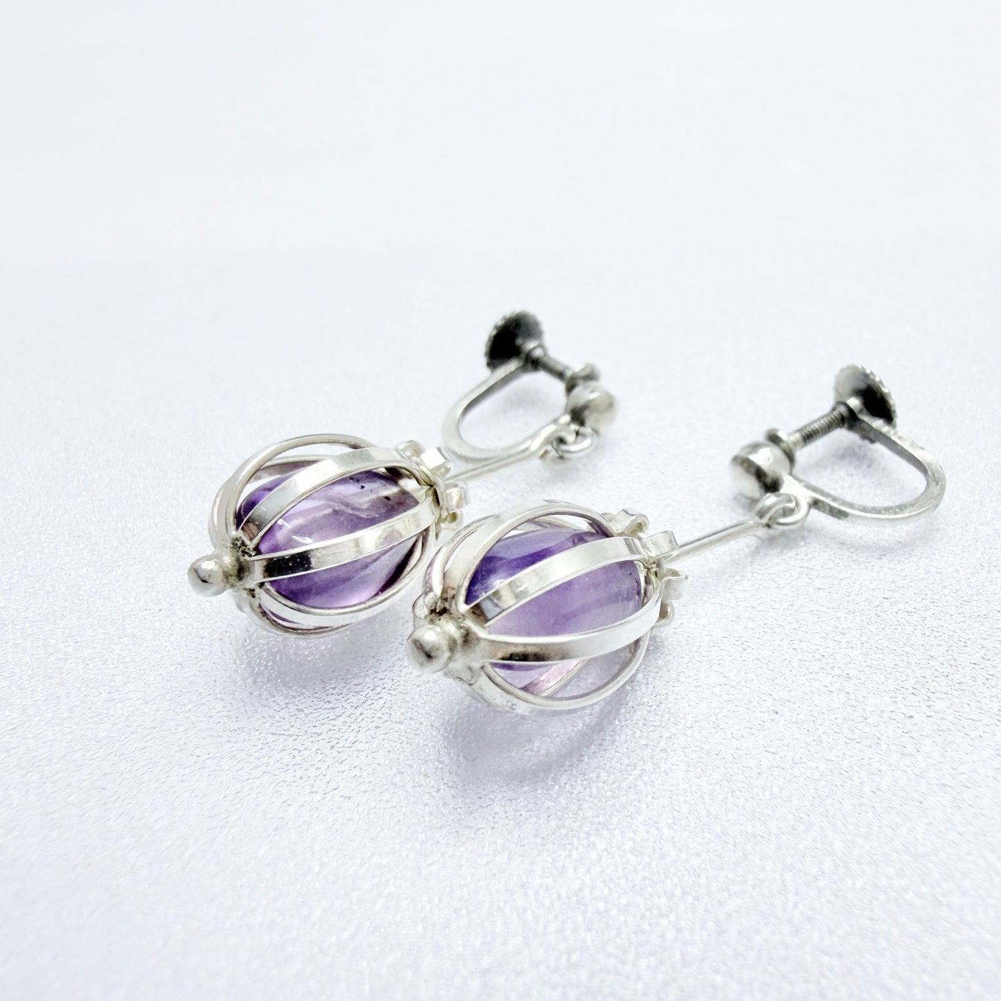 Arvo Saarela, Sweden 1957-58. Vintage Solid Silver Caged Amethyst Dangle Earrings.