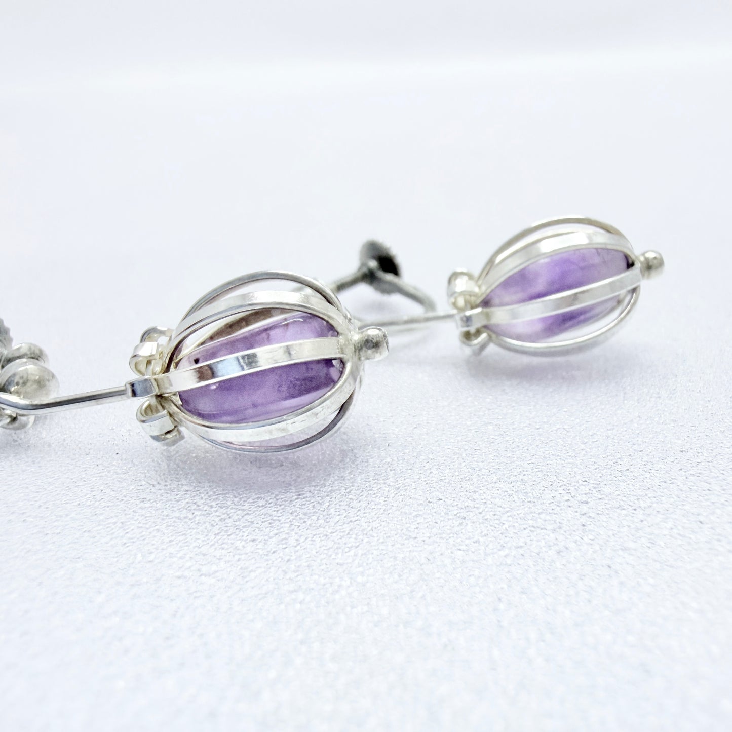 Arvo Saarela, Sweden 1957-58. Vintage Solid Silver Caged Amethyst Dangle Earrings.