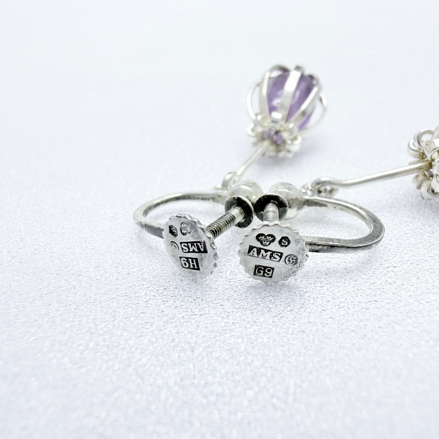 Arvo Saarela, Sweden 1957-58. Vintage Solid Silver Caged Amethyst Dangle Earrings.