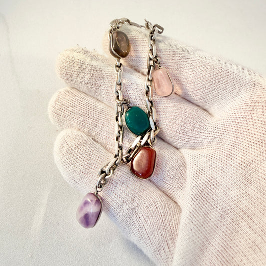 Vintage ca 1960s Solid Silver Multi Quartz Stone Bracelet.