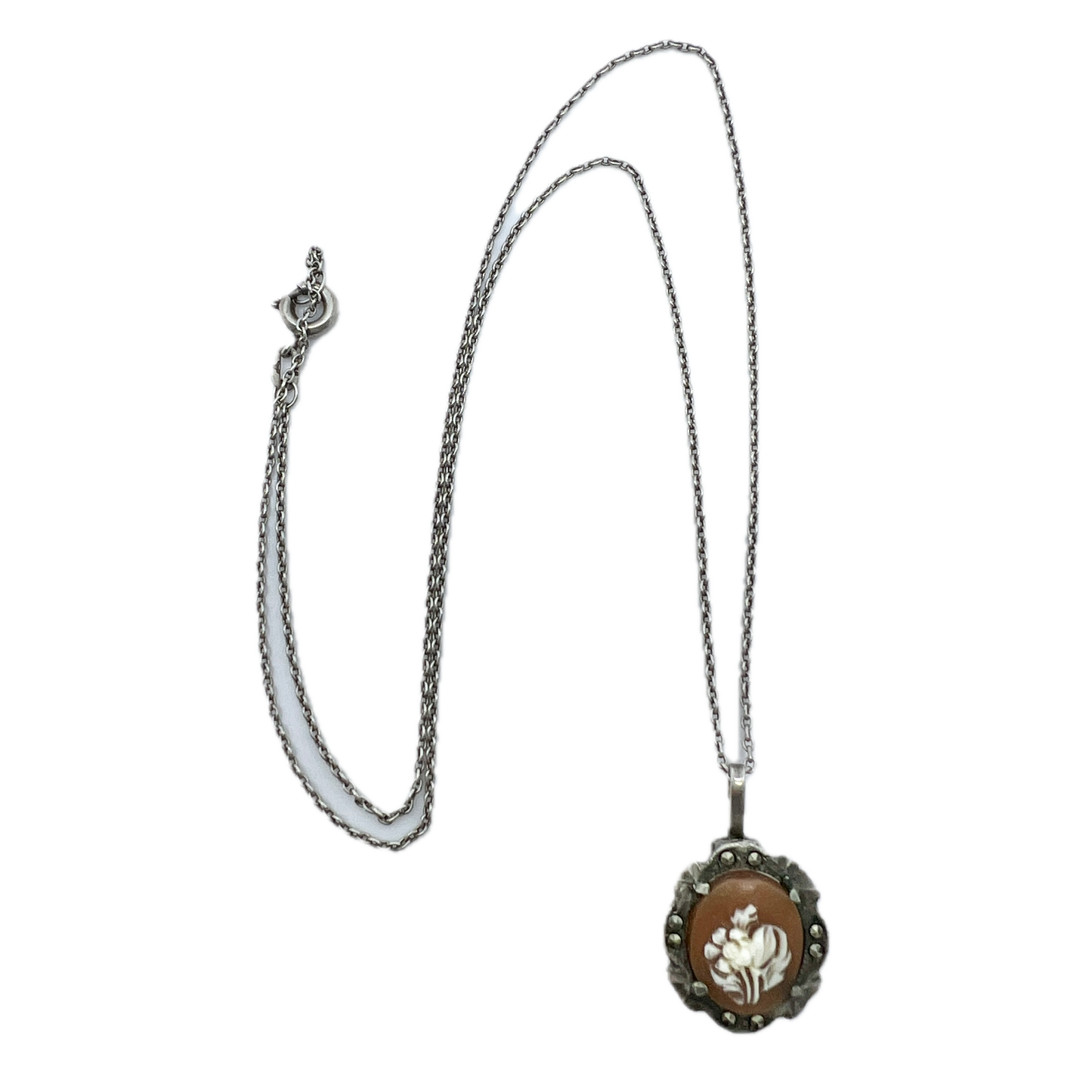 Vintage 1940s. Solid Silver Cameo Marcasite Pendant Necklace.