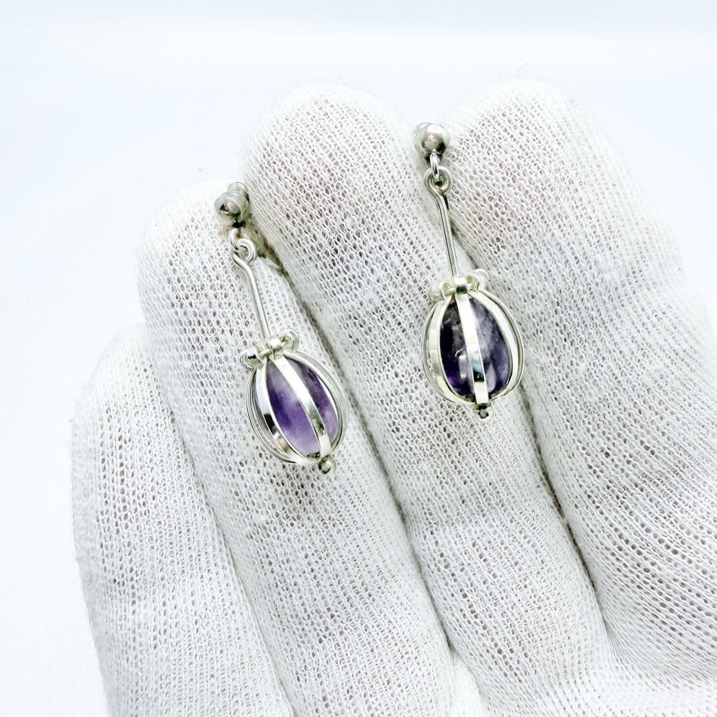 Arvo Saarela, Sweden 1957-58. Vintage Solid Silver Caged Amethyst Dangle Earrings.