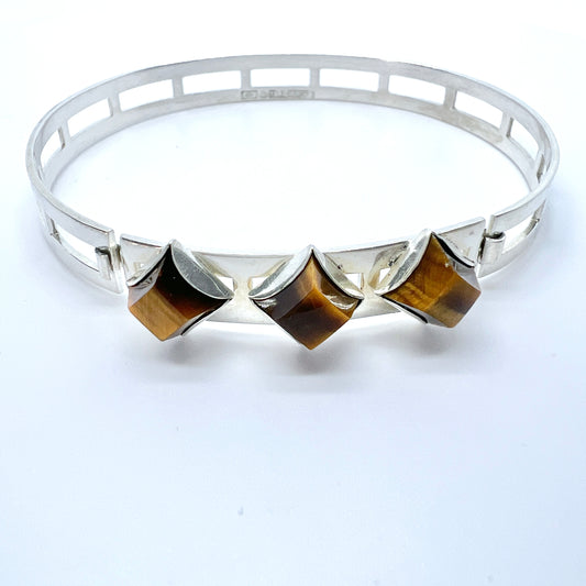 Turun Hopea, Finland 1963. Vintage Solid Silver Tiger's Eye Hinged Bangle Bracelet.