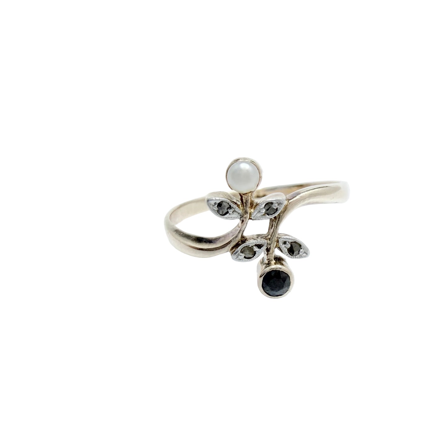 Eastern Europe mid 1900s. Vintage 14k Gold Diamond Sapphire and Pearl Ring.