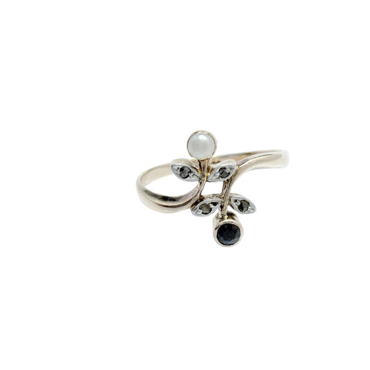 Eastern Europe mid 1900s. Vintage 14k Gold Diamond Sapphire and Pearl Ring.