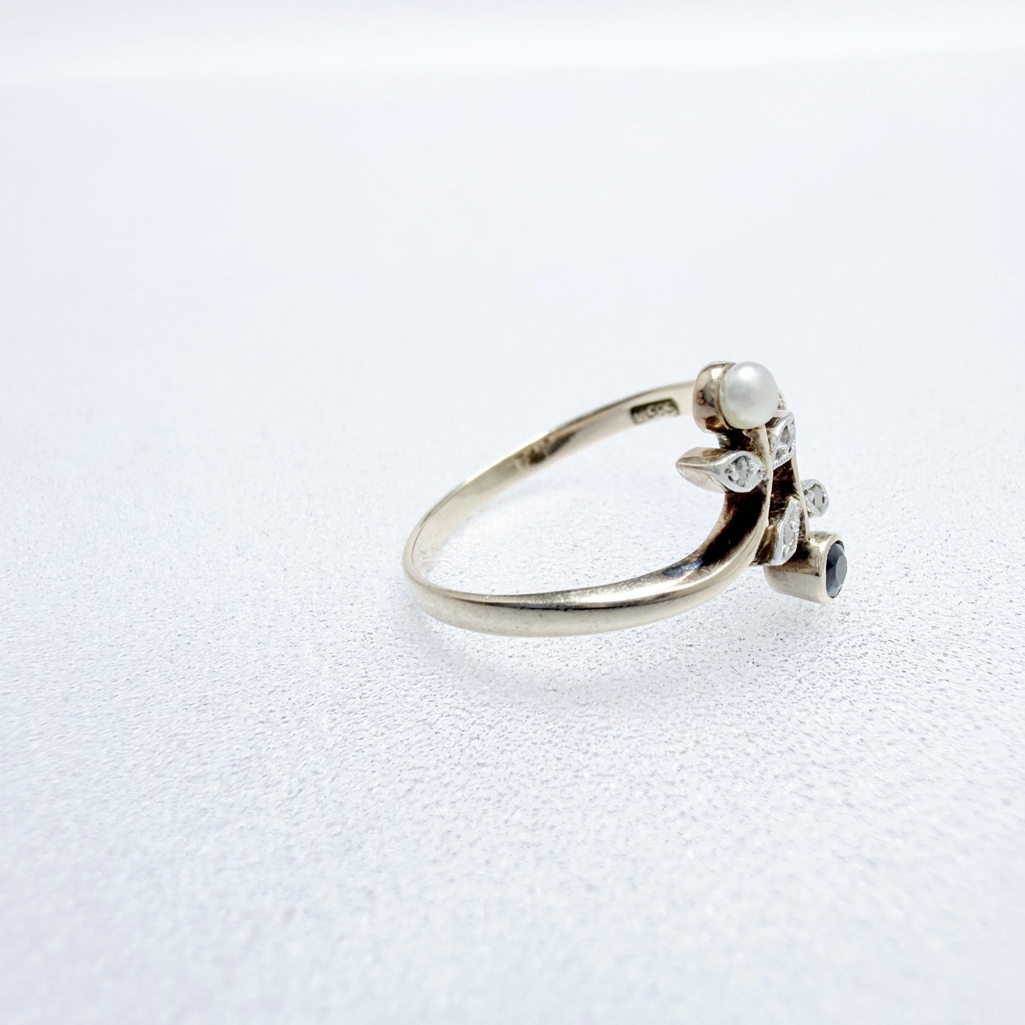 Eastern Europe mid 1900s. Vintage 14k Gold Diamond Sapphire and Pearl Ring.