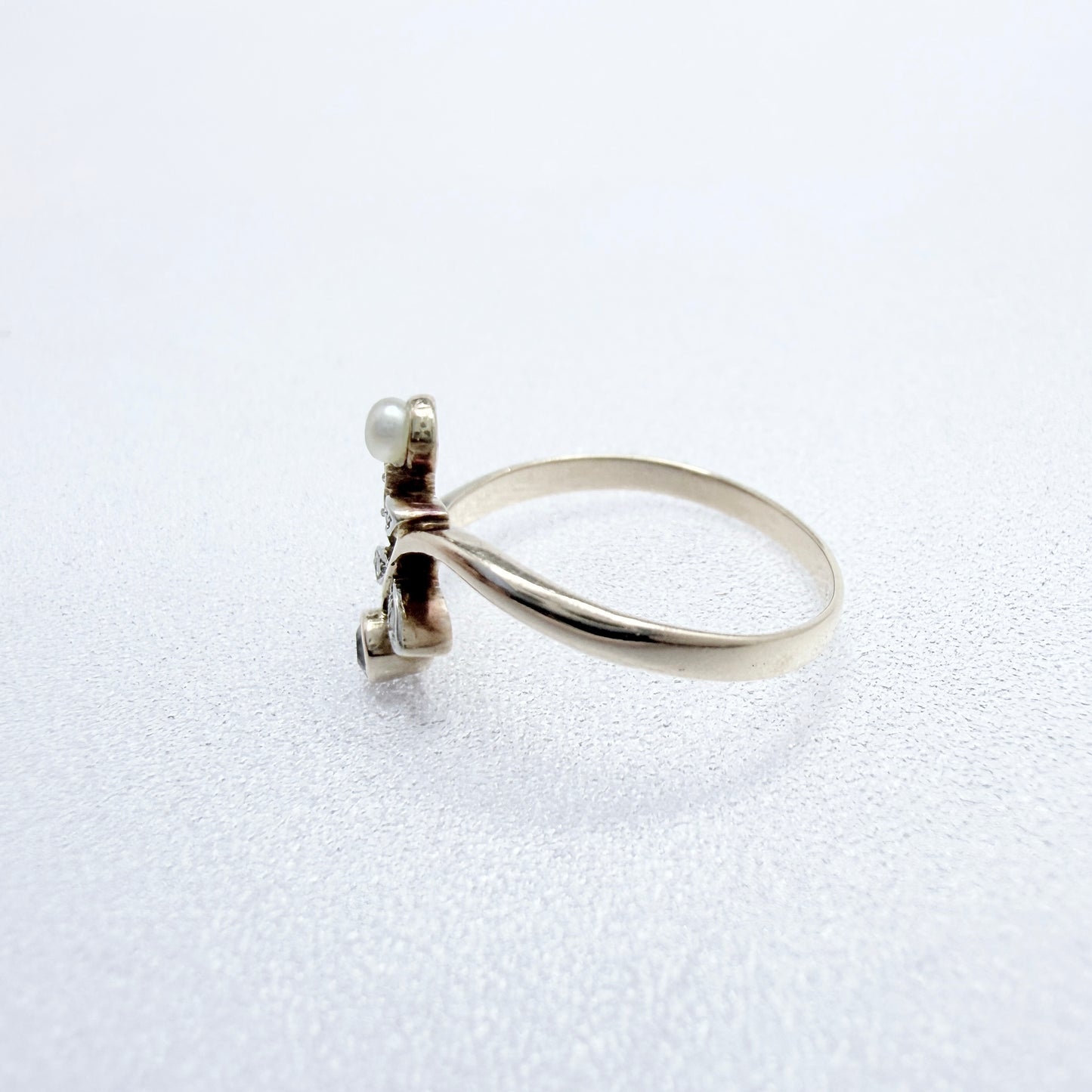Eastern Europe mid 1900s. Vintage 14k Gold Diamond Sapphire and Pearl Ring.