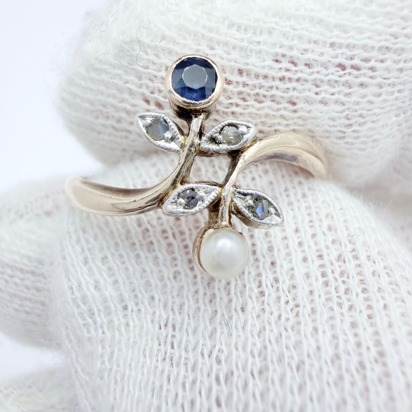 Eastern Europe mid 1900s. Vintage 14k Gold Diamond Sapphire and Pearl Ring.
