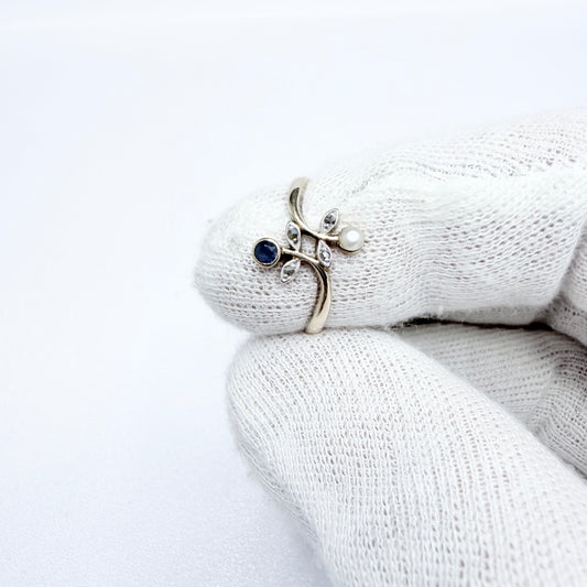 Eastern Europe mid 1900s. Vintage 14k Gold Diamond Sapphire and Pearl Ring.