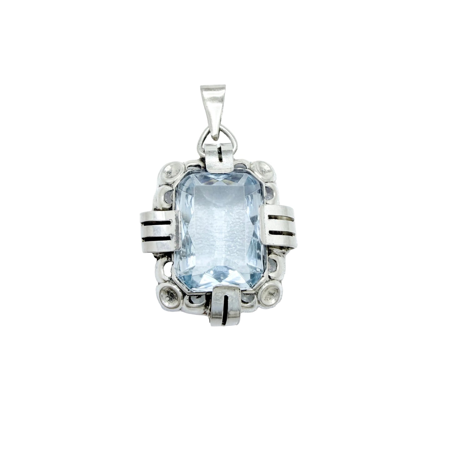 Vintage 1940-50s. Solid Silver Blue Glass Pendant.