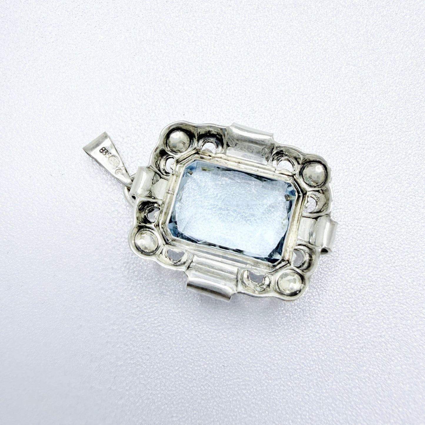 Vintage 1940-50s. Solid Silver Blue Glass Pendant.
