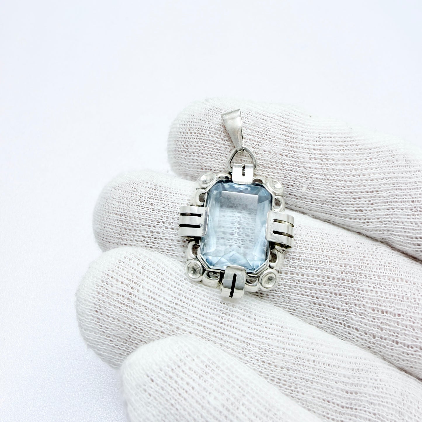 Vintage 1940-50s. Solid Silver Blue Glass Pendant.