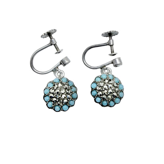 Vintage c 1940s. Solid Silver Turquoise Marcasite Cluster Earrings.