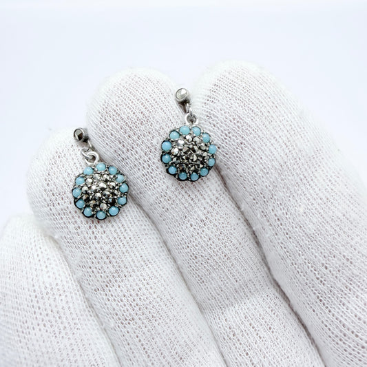Vintage c 1940s. Solid Silver Turquoise Marcasite Cluster Earrings.