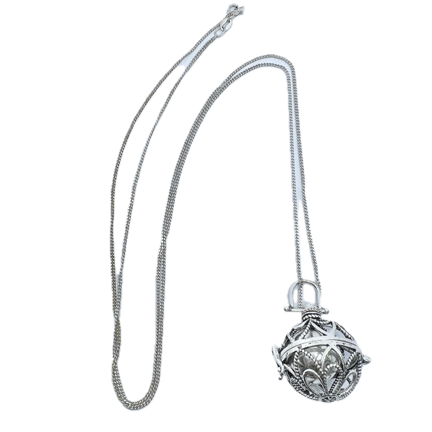 Vintage Sterling Silver Pregnancy Rattle Ball Pendant Long Chain Necklace.