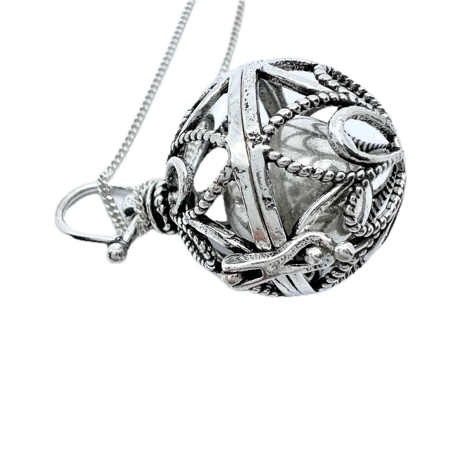 Vintage Sterling Silver Pregnancy Rattle Ball Pendant Long Chain Necklace.