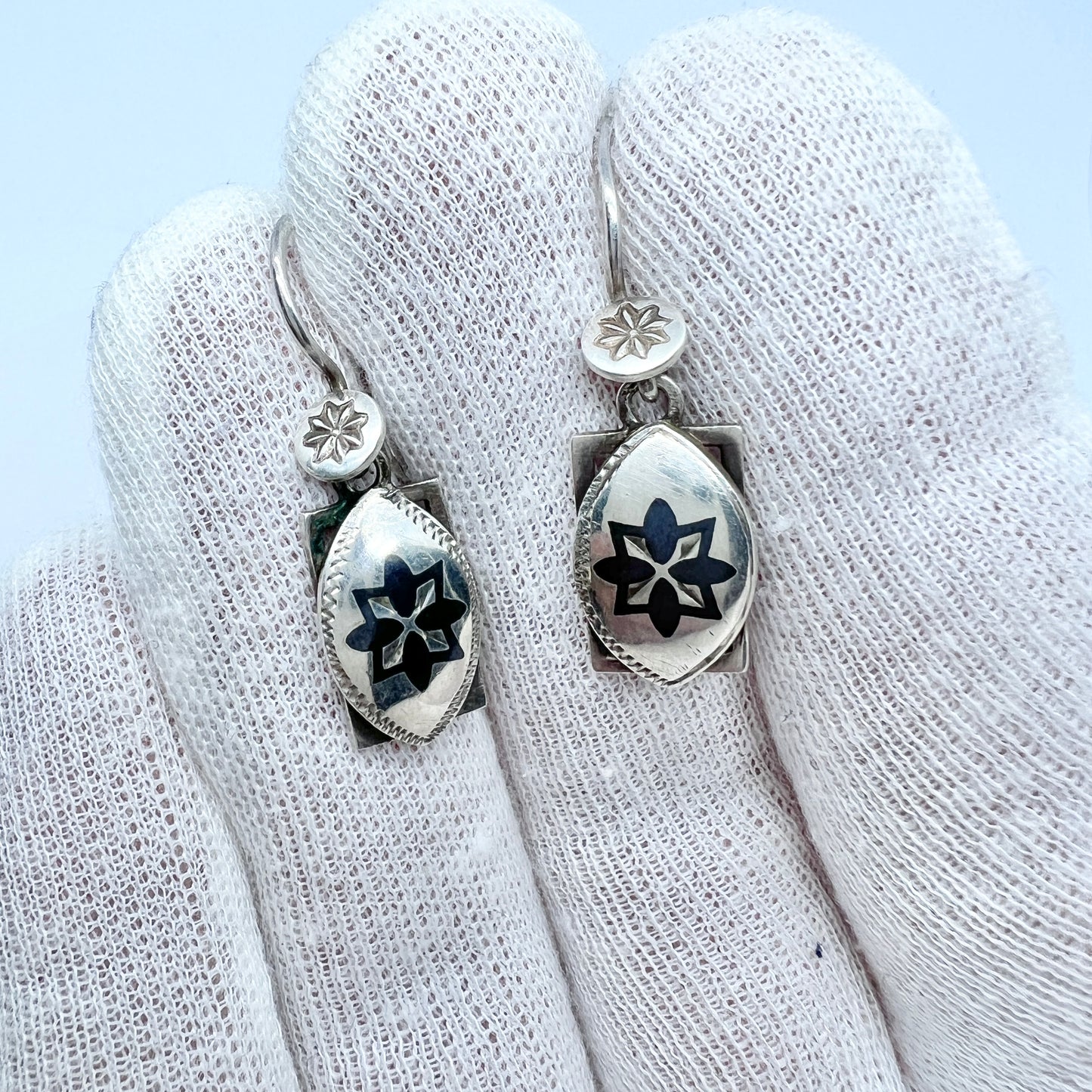 Eastern Europe, Soviet USSR Era Solid Silver Niello Enamel Earrings.