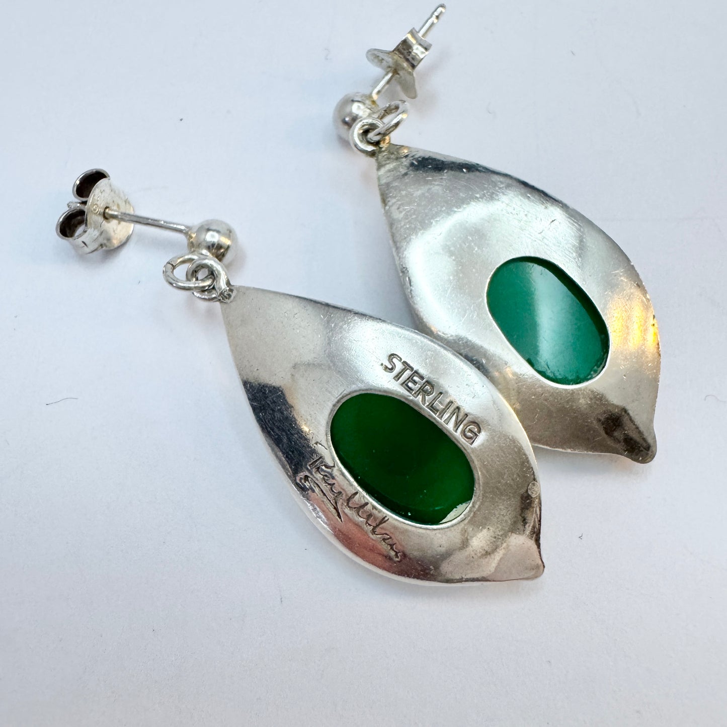 Rey Urban, Sweden c 1970s. Vintage Sterling Silver Chrysoprase Earrings. Signed