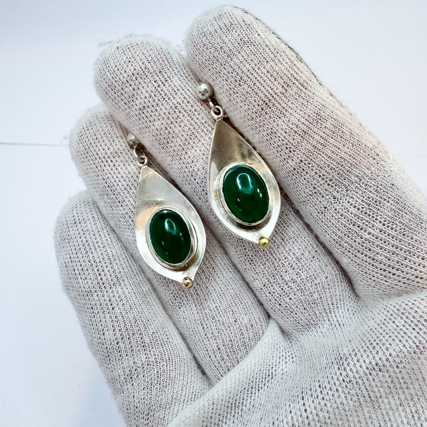 Rey Urban, Sweden c 1970s. Vintage Sterling Silver Chrysoprase Earrings. Signed