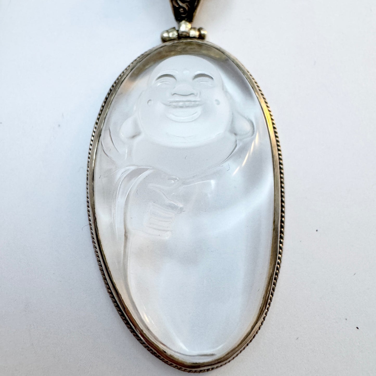 Vintage Sterling Silver Carved Quartz Buddha Pendant Necklace.