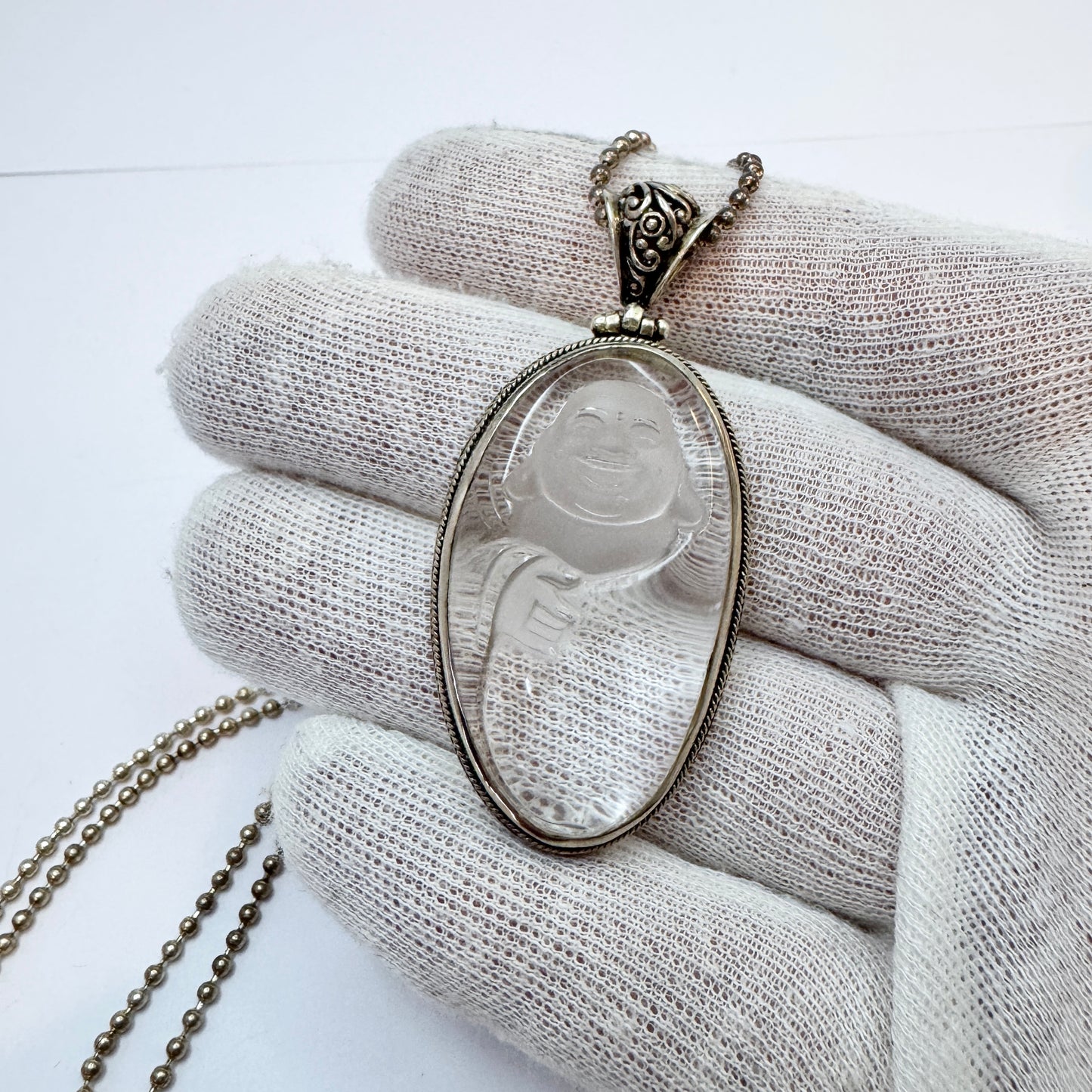 Vintage Sterling Silver Carved Quartz Buddha Pendant Necklace.