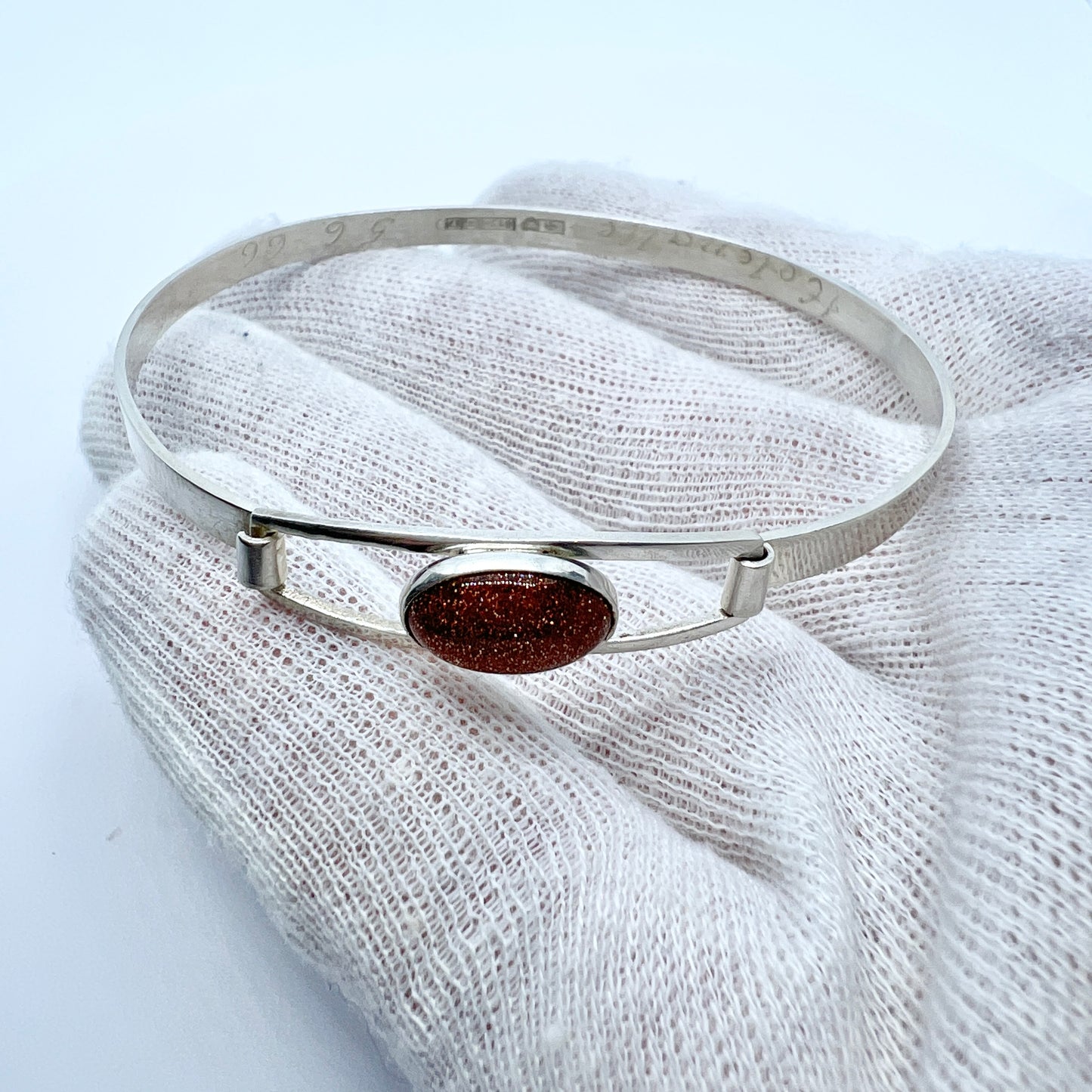 Turun Hopea, Finland 1962. Vintage Solid Silver Goldstone Hinged Bangle Bracelet