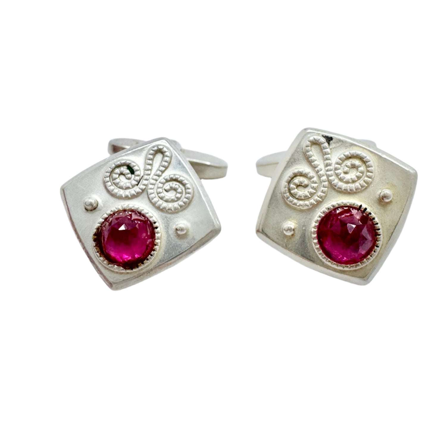 USSR, Soviet-era. Vintage Solid Silver Synthetic Pink Sapphire Cufflinks.