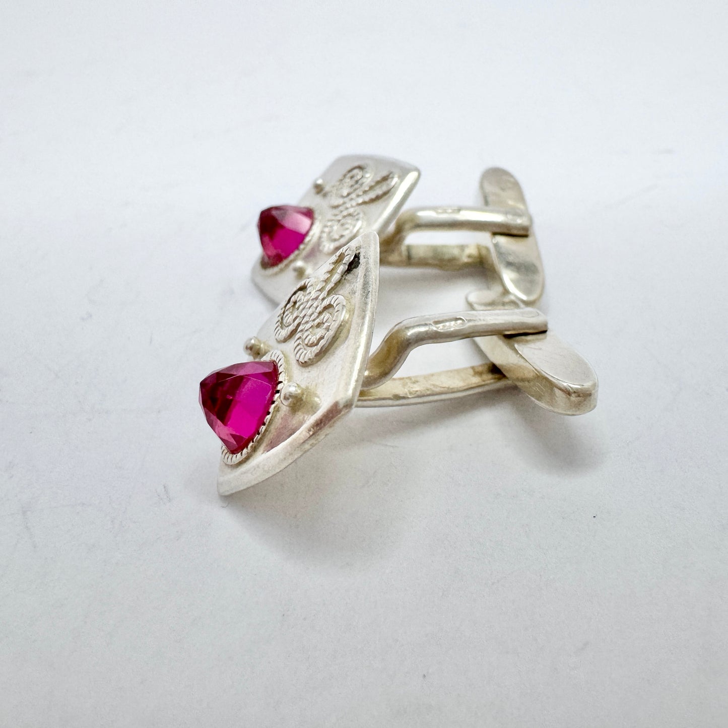 USSR, Soviet-era. Vintage Solid Silver Synthetic Pink Sapphire Cufflinks.