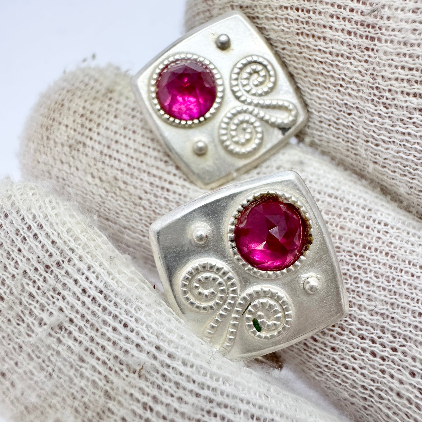 USSR, Soviet-era. Vintage Solid Silver Synthetic Pink Sapphire Cufflinks.