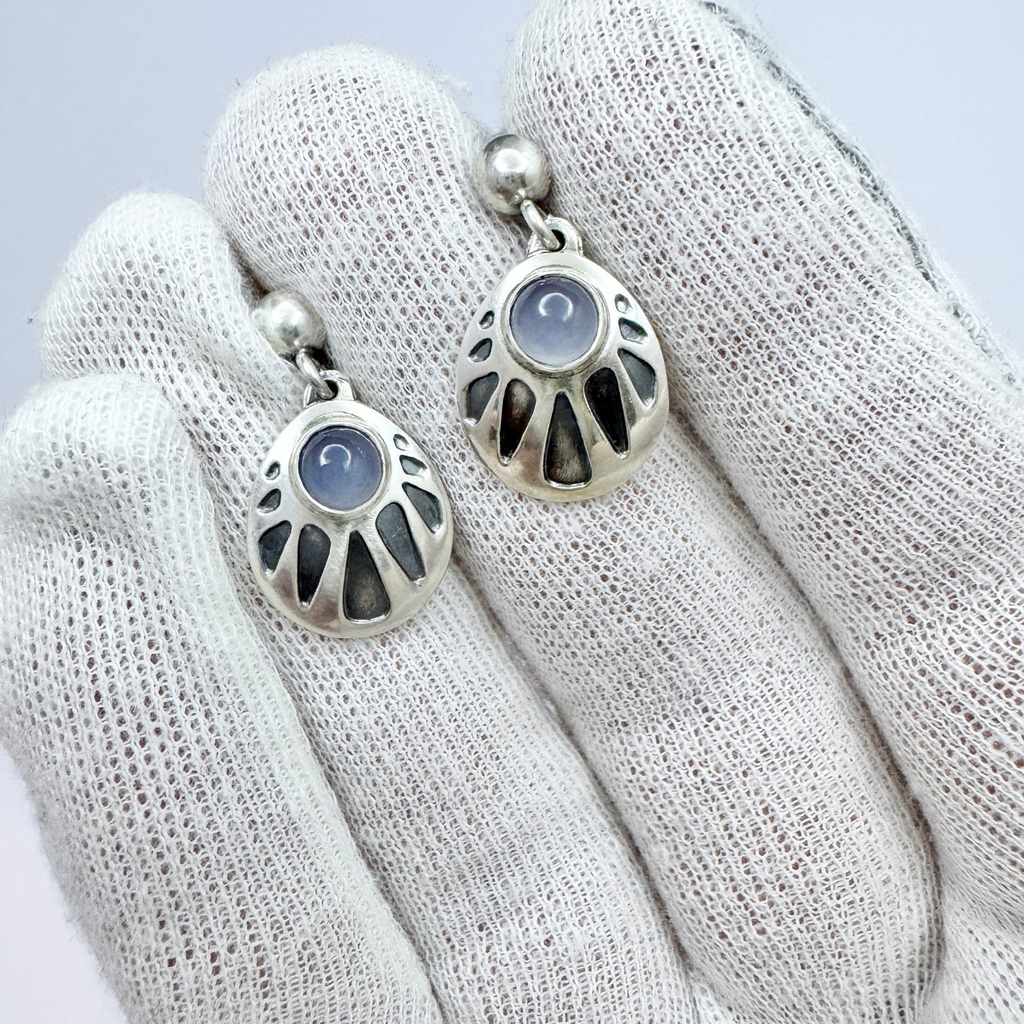 Sigurd Persson for Stigbert, Sweden 1954. Vintage Sterling Silver Chalcedony Earrings.