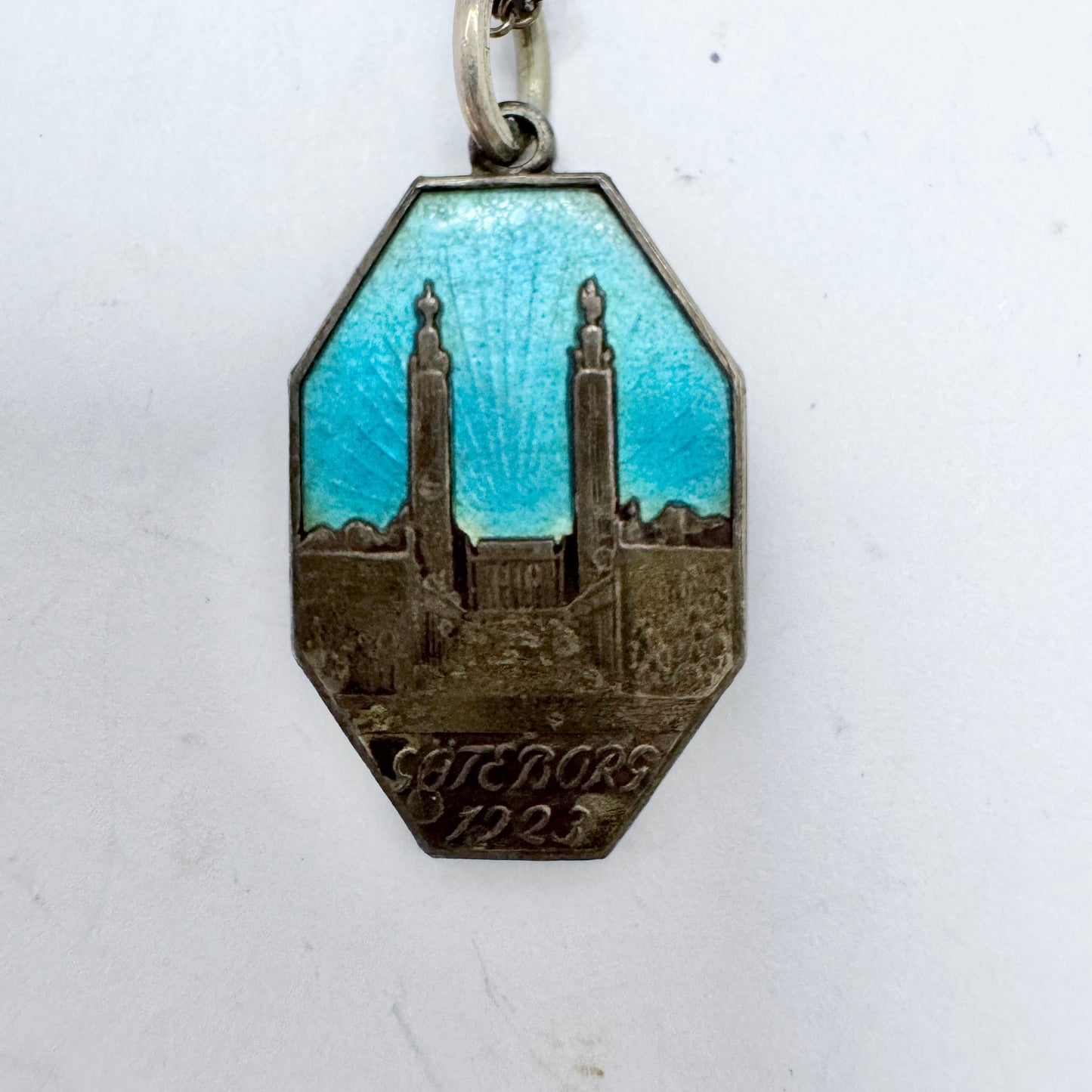 WA Bolin, Sweden 1923. Antique Solid Silver Enamel Pendant Necklace.