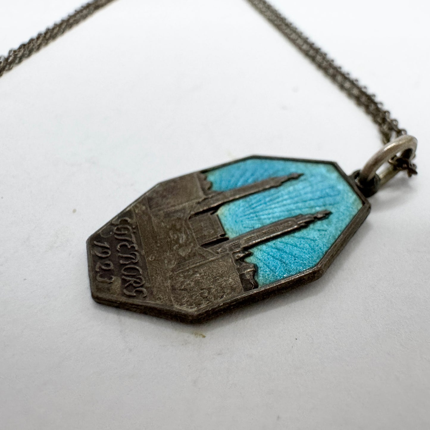 WA Bolin, Sweden 1923. Antique Solid Silver Enamel Pendant Necklace.