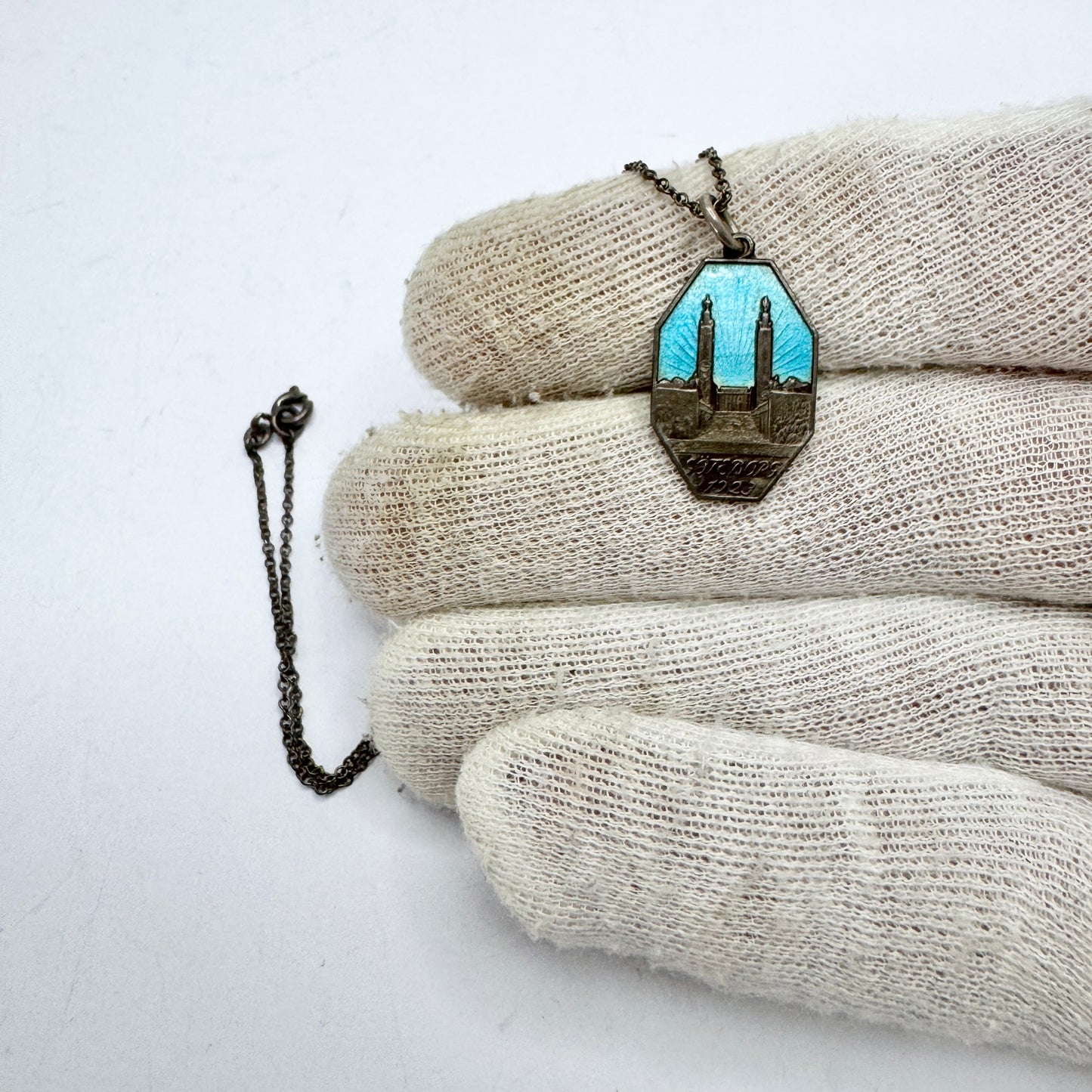 WA Bolin, Sweden 1923. Antique Solid Silver Enamel Pendant Necklace.