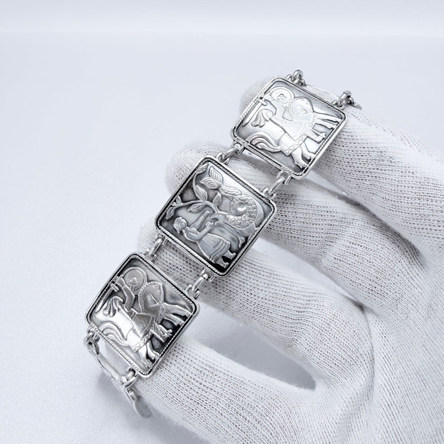 David-Andersen Norway c 1940-50s Solid Silver Panel Bracelet. Design: Eventyr / Fairy-tale