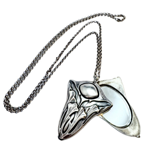 Germany Antique ca 1910 Art Nouveau Solid Silver Double Mirror Large Pendant Necklace.