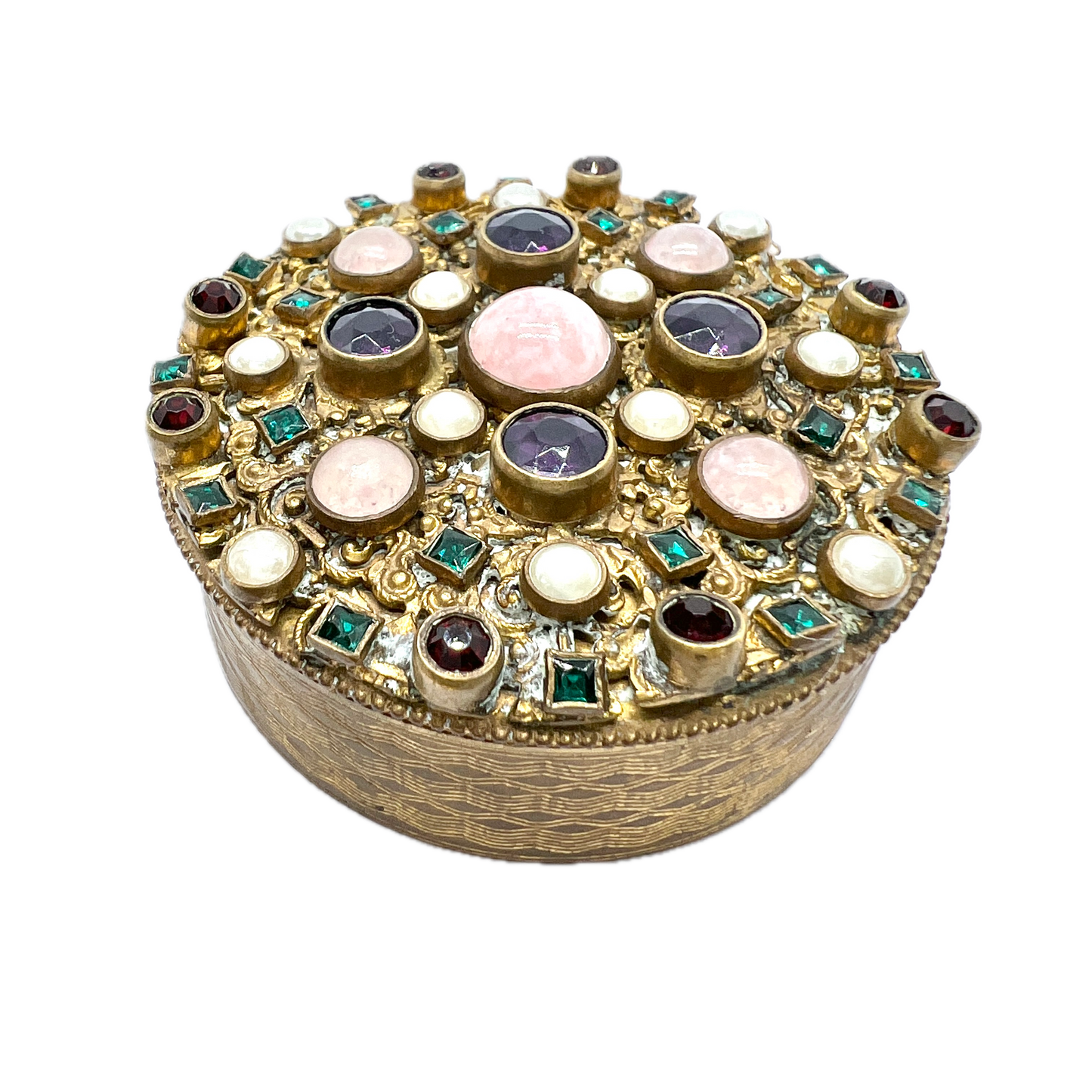 Early 1900s Antique Gilt Metal Jeweled Trinket Box.